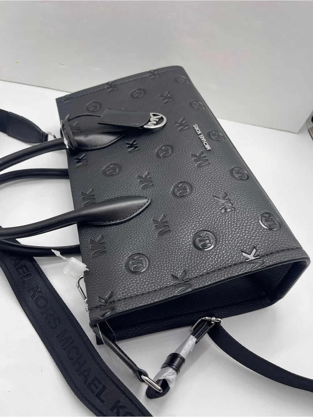MICHAEL KORS Mirella Md Logo Debossed Satchel Shoulder Tote Crossbody Black NWT